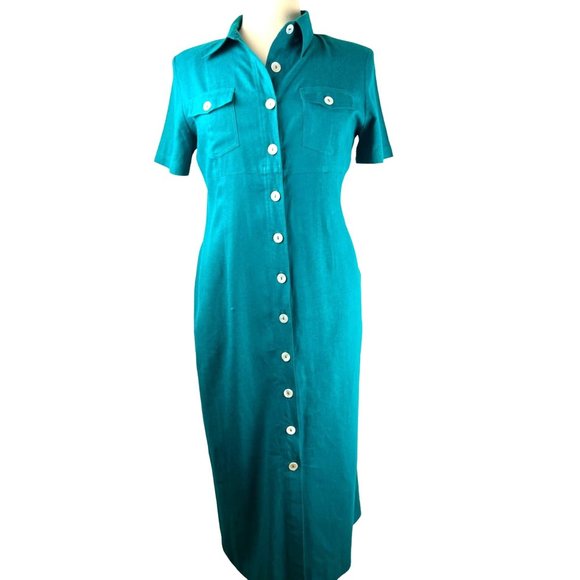VTG 90's Robbie Bee Linen Blend Maxi Shell Button Front Dress, Women's Size 16 - Picture 2 of 16